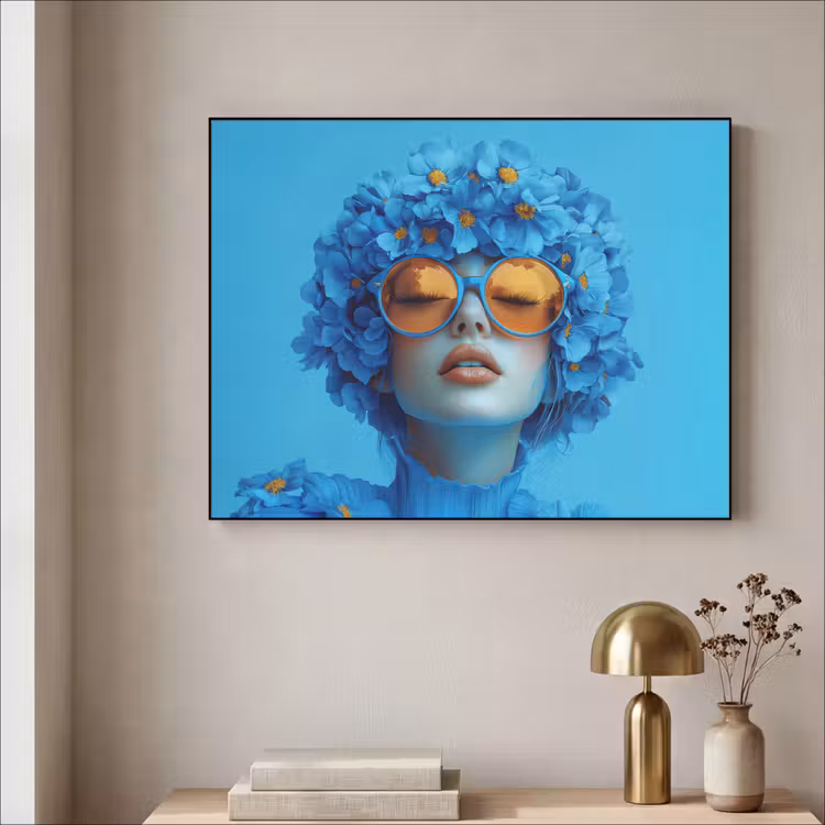 Vrouw - Bloem - Blauw - Modern - Bril - Portret Textielframe zwart klein -sfeer2