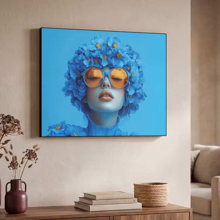 Vrouw - Bloem - Blauw - Modern - Bril - Portret Textielframe zwart klein -sfeer3