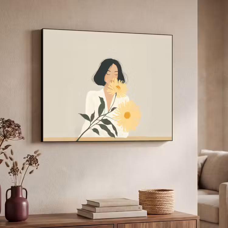 Vrouw - Bloem - Geel - Minimalistisch Textielframe - compleet frame klein -sfeer3