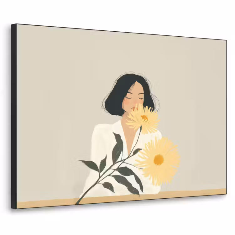 Vrouw - Bloem - Geel - Minimalistisch Textielframe zwart klein -3d