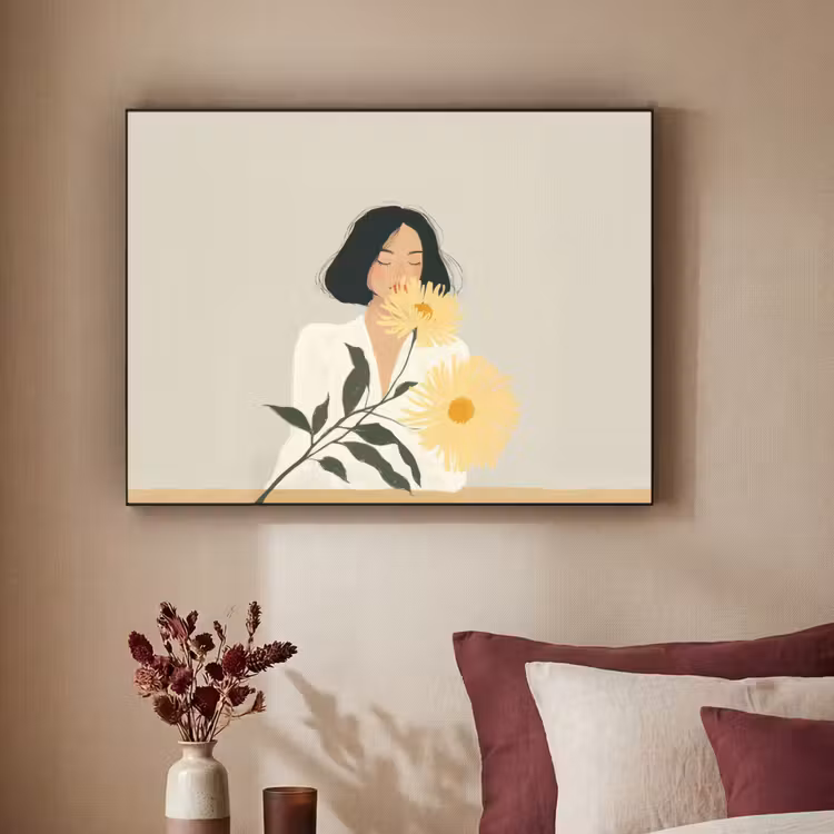 Vrouw - Bloem - Geel - Minimalistisch Textielframe zwart klein -sfeer1