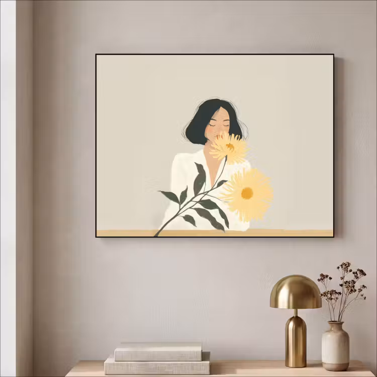Vrouw - Bloem - Geel - Minimalistisch Textielframe - compleet frame klein -sfeer2