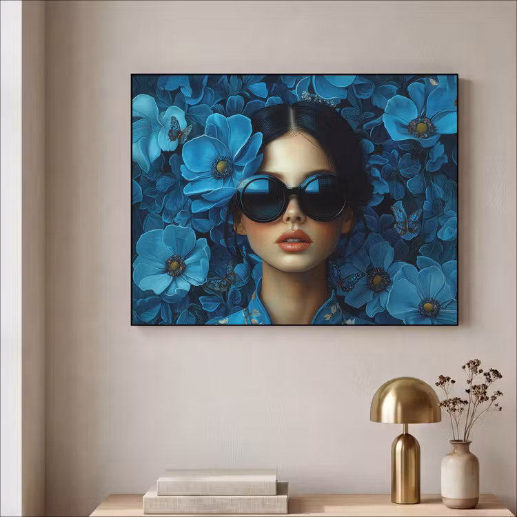 Vrouw - Bloemen - Blauw - Aesthetic - Luxe Textielframe zwart klein -sfeer2