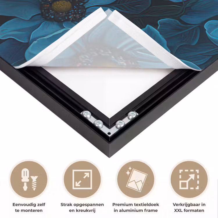 Vrouw - Bloemen - Blauw - Aesthetic - Luxe Textielframe zwart klein -USP_feed_closeupNL