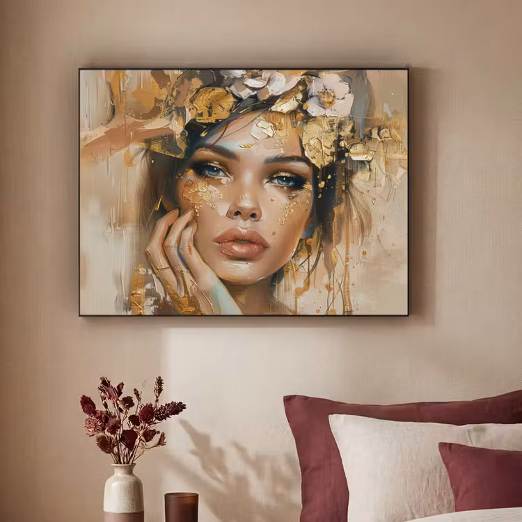 Vrouw - Bloemen - Goud - Portret Textielframe zwart klein -sfeer1