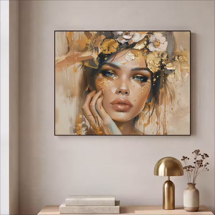 Vrouw - Bloemen - Goud - Portret Textielframe - compleet frame klein -sfeer2