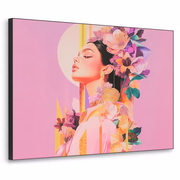 Vrouw - Bloemen - Paars - Abstract Textielframe - compleet frame klein -3d