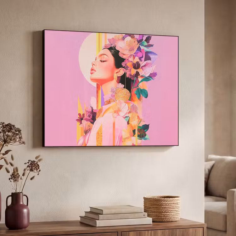 Vrouw - Bloemen - Paars - Abstract Textielframe zwart klein -sfeer3
