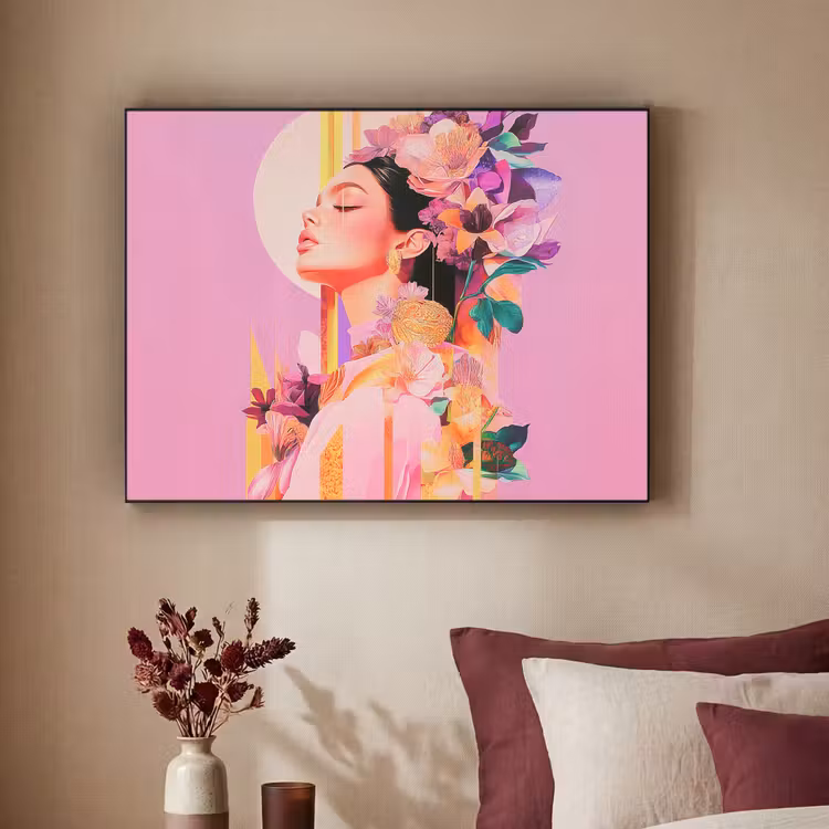 Vrouw - Bloemen - Paars - Abstract Textielframe - compleet frame klein -sfeer1