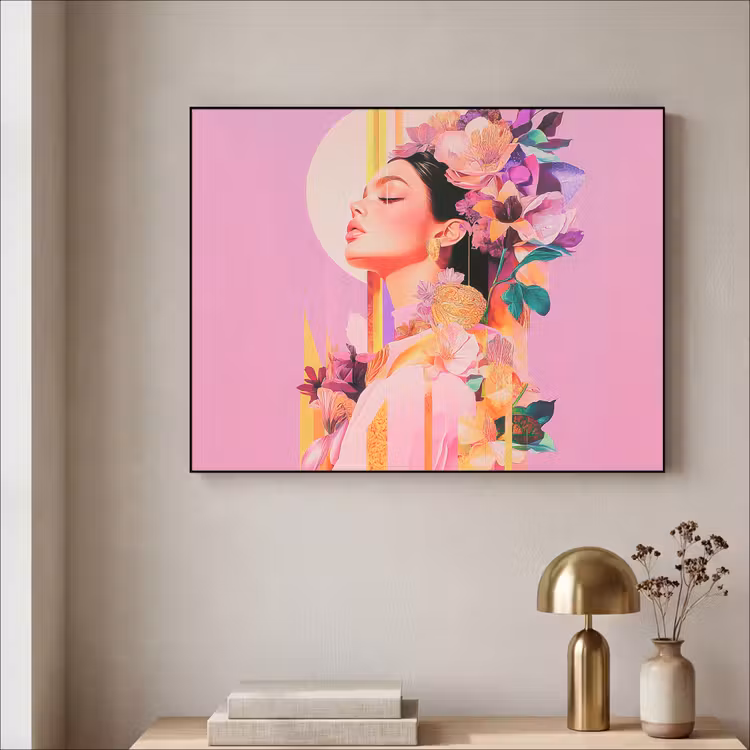 Vrouw - Bloemen - Paars - Abstract Textielframe - compleet frame klein -sfeer2