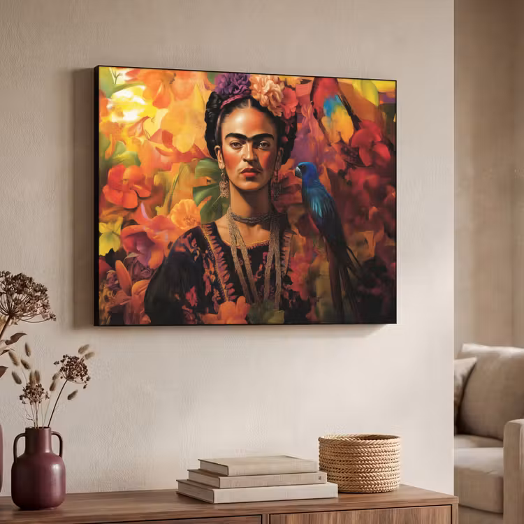 Vrouw - Bloemen - Papegaai - Schilderachtig Textielframe zwart klein -sfeer3