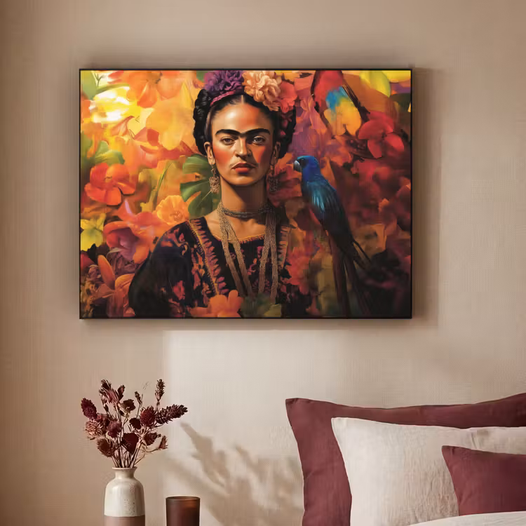 Vrouw - Bloemen - Papegaai - Schilderachtig Textielframe zwart klein -sfeer1