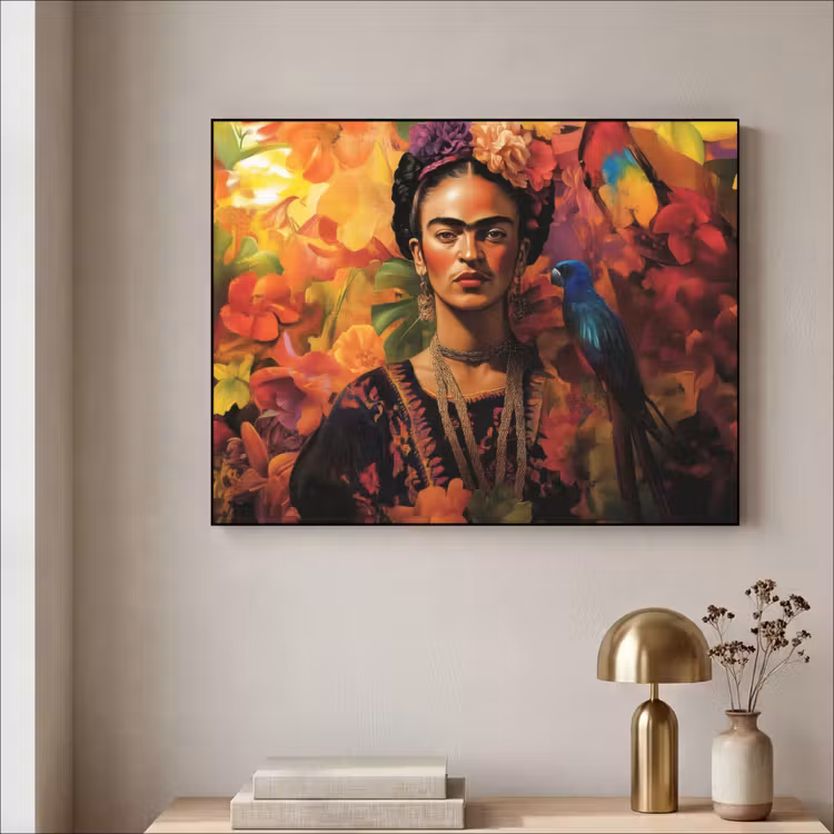 Vrouw - Bloemen - Papegaai - Schilderachtig Textielframe zwart klein -sfeer2
