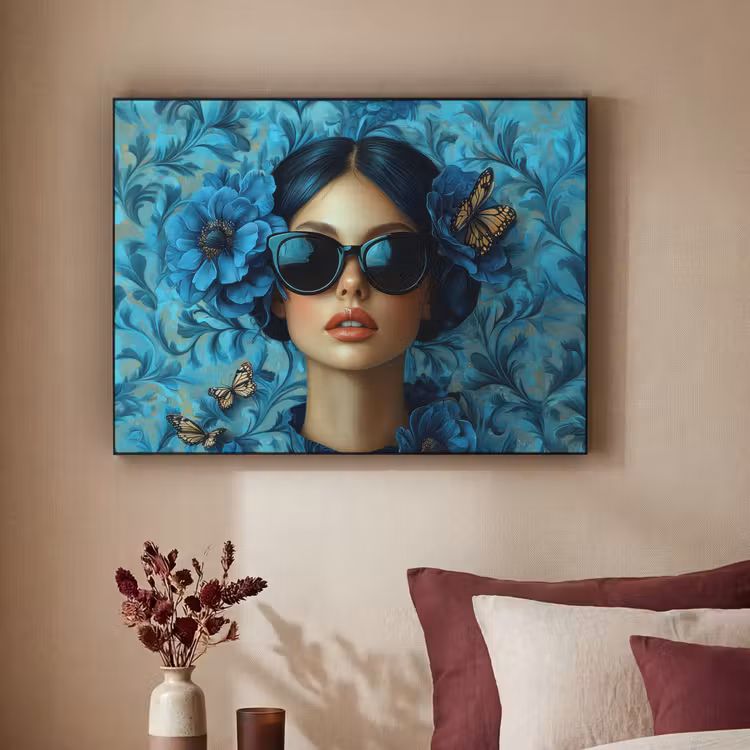 Vrouw - Bloemen - Vlinders - Blauw - Abstract Textielframe zwart klein -sfeer1