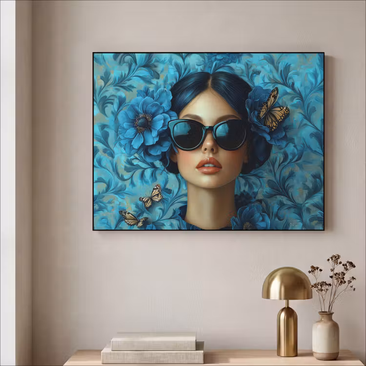 Vrouw - Bloemen - Vlinders - Blauw - Abstract Textielframe zwart klein -sfeer2
