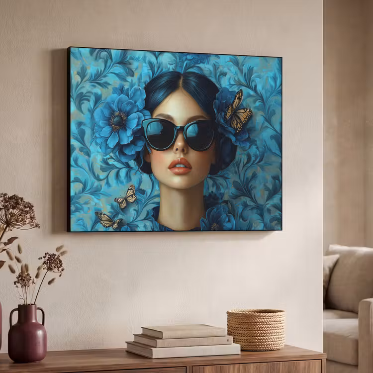 Vrouw - Bloemen - Vlinders - Blauw - Abstract Textielframe zwart klein -sfeer3