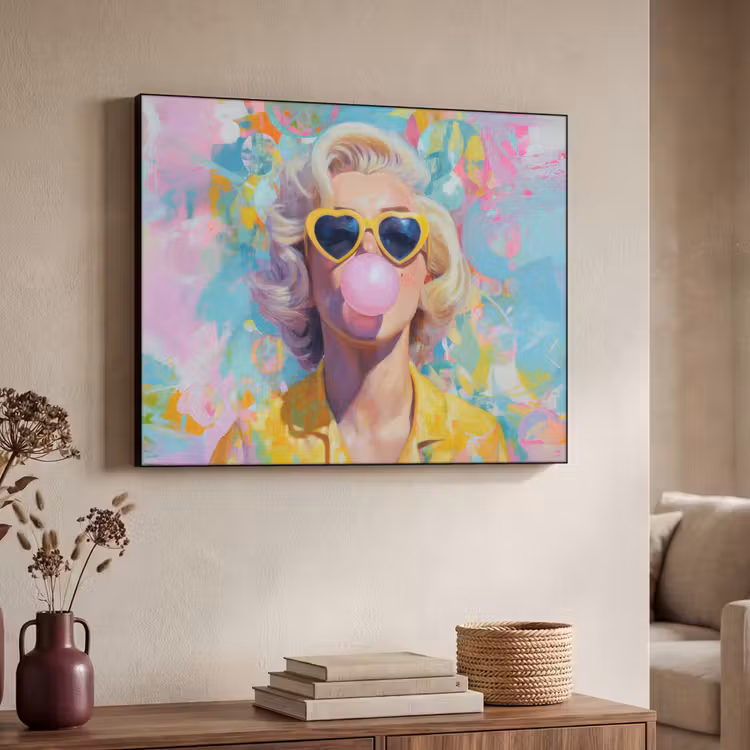 Vrouw - Blond - Roze kauwgom - Kleurrijk - Pastel Textielframe - compleet frame klein -sfeer3