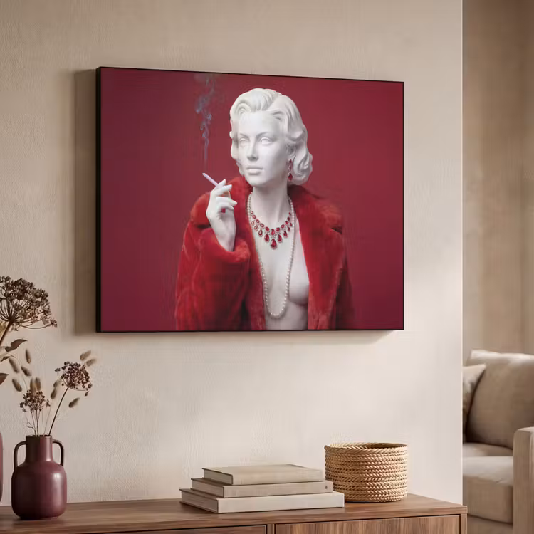 Vrouw - Bontjas - Mode - Klassiek - Rood Textielframe zwart klein -sfeer3