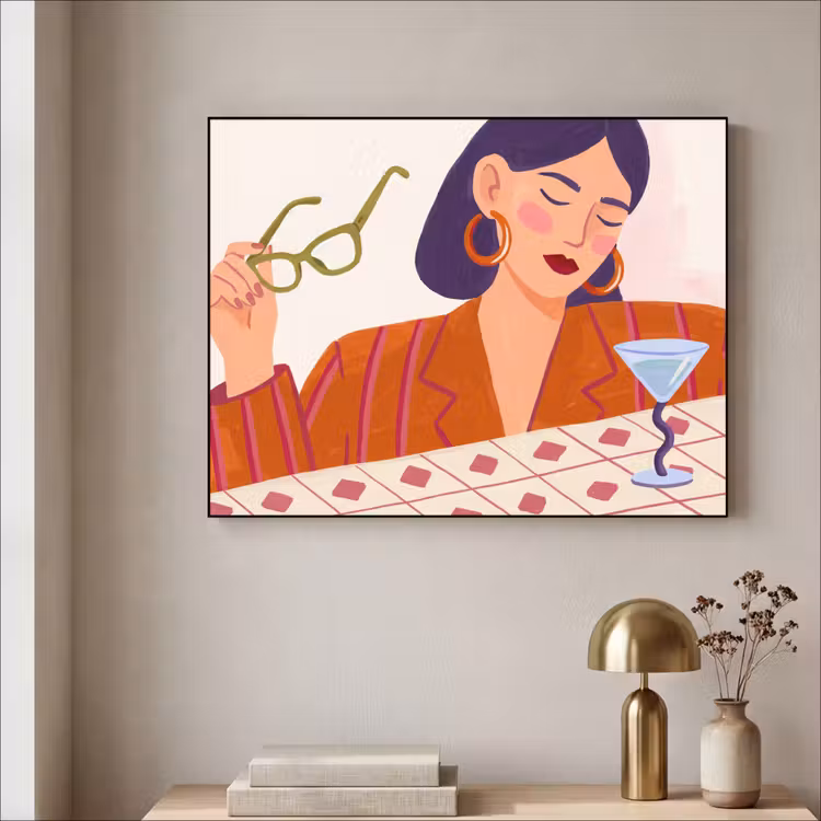 Vrouw - Bril - Cocktail - Illustratie - Modern Textielframe zwart klein -sfeer2