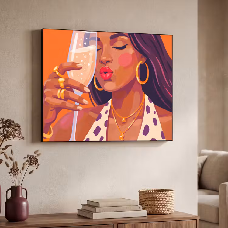 Vrouw - Champagne - Feest - Modern - Oranje Textielframe zwart klein -sfeer3
