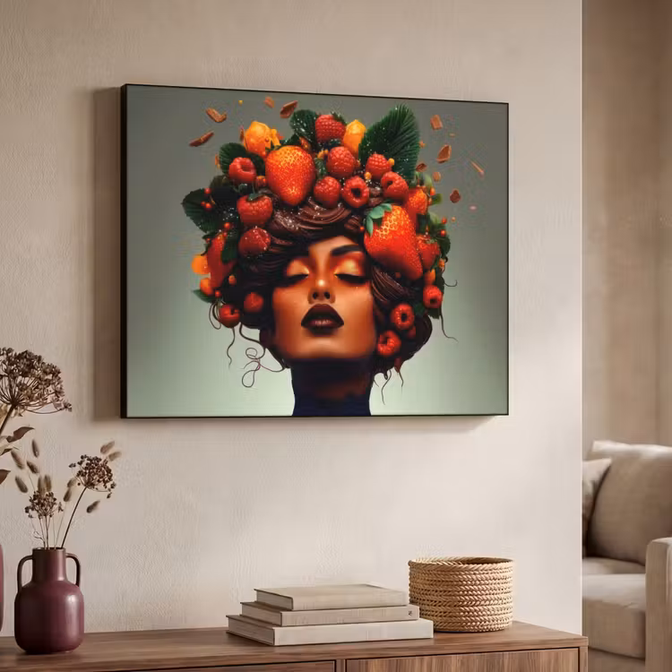 Vrouw - Chocolade - Frambozen - Aardbeien - Koekjes Textielframe zwart klein -sfeer3