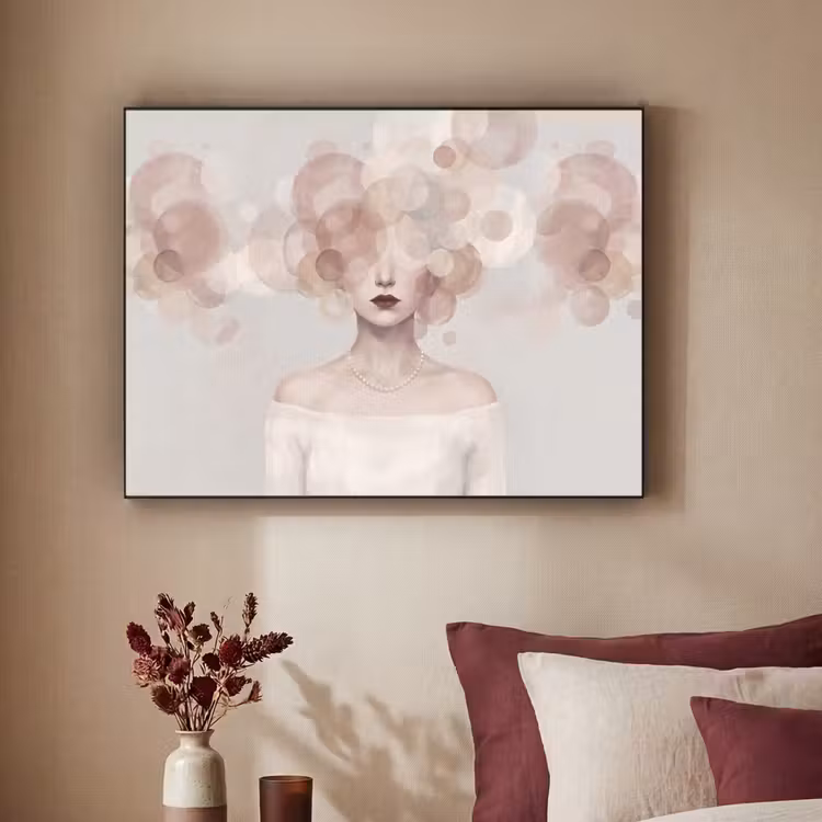 Vrouw - Cirkels - Beige Textielframe zwart klein -sfeer1
