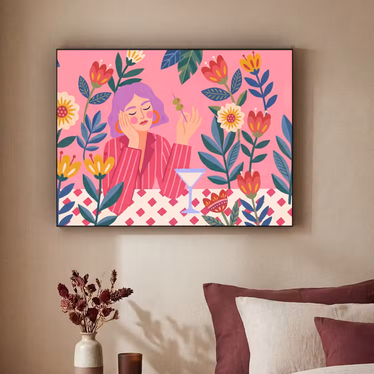 Vrouw - Cocktail - Bloemen - Modern - Roze Textielframe zwart klein -sfeer1