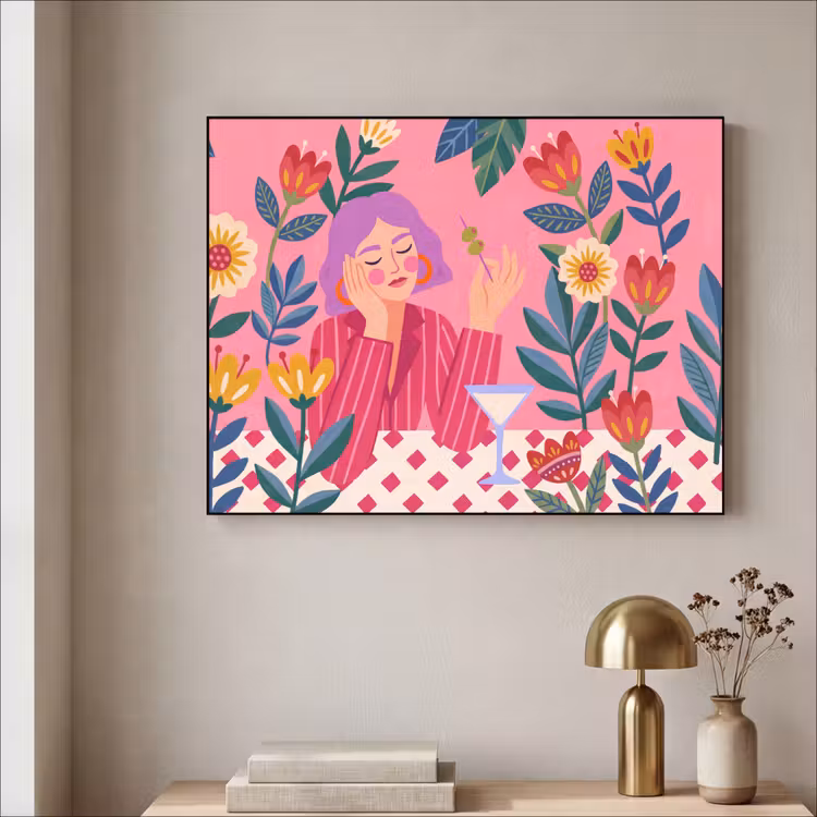 Vrouw - Cocktail - Bloemen - Modern - Roze Textielframe zwart klein -sfeer2