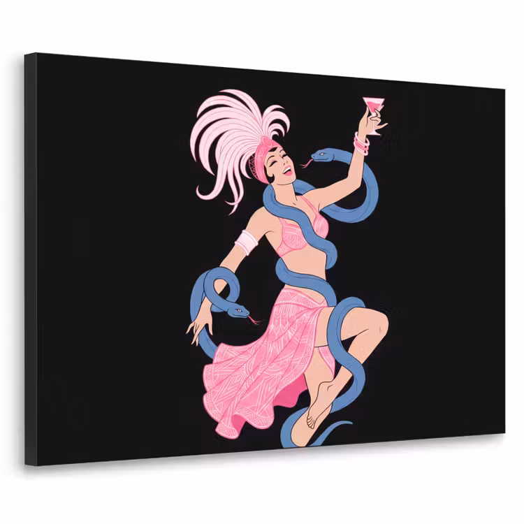 Vrouw - Danseres - Slangen - Art Deco - Roze Textielframe zwart klein -3d