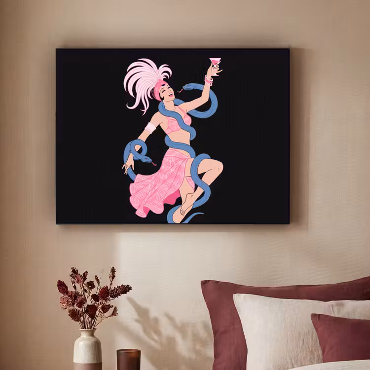 Vrouw - Danseres - Slangen - Art Deco - Roze Textielframe zwart klein -sfeer1