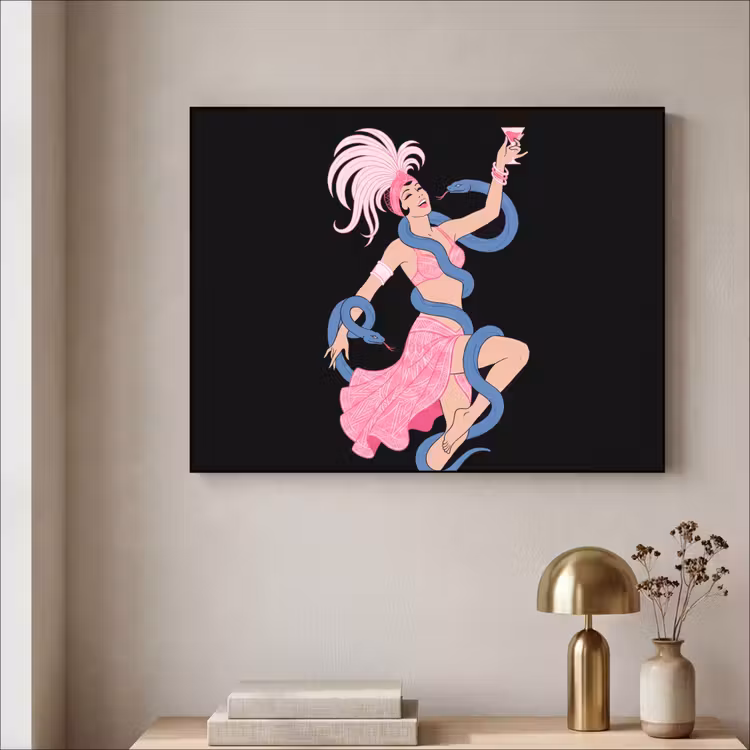 Vrouw - Danseres - Slangen - Art Deco - Roze Textielframe zwart klein -sfeer2