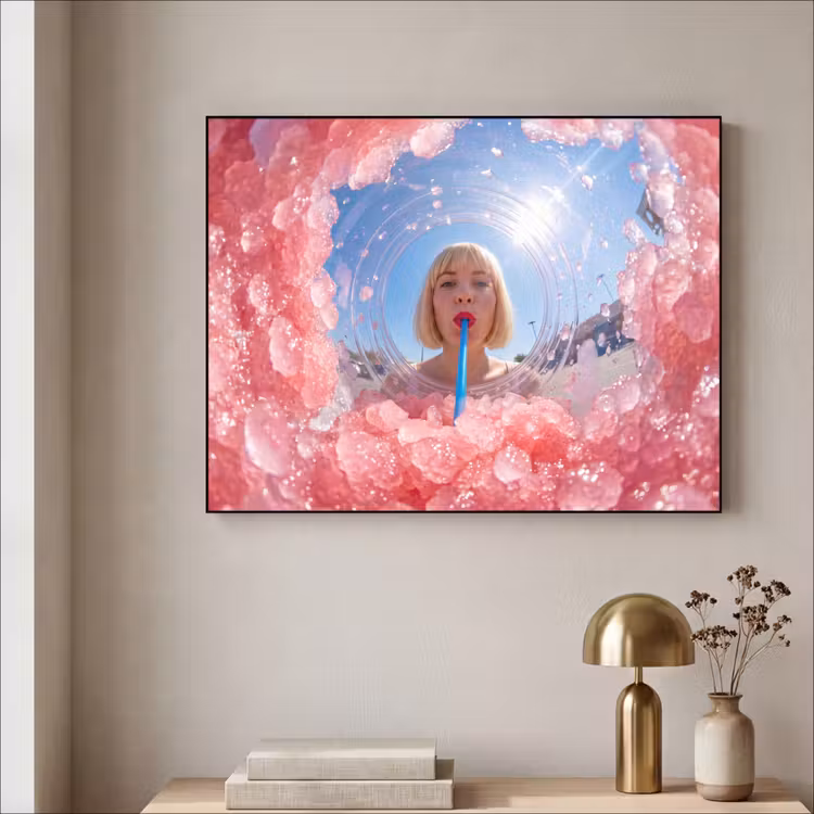 Vrouw - Drank - Zomer - Roze - Blauw Textielframe zwart klein -sfeer2