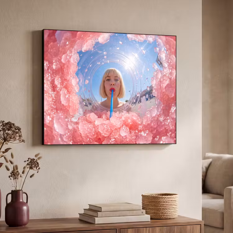 Vrouw - Drank - Zomer - Roze - Blauw Textielframe zwart klein -sfeer3