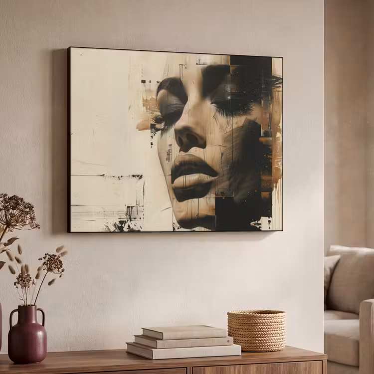 Vrouw - Gezicht - Abstract - Kunst Textielframe - compleet frame klein -sfeer3
