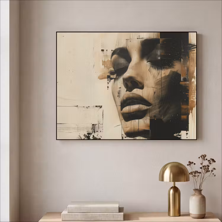 Vrouw - Gezicht - Abstract - Kunst Textielframe zwart klein -sfeer2
