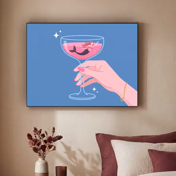 Vrouw - Glas - Abstract - Roze - Blauw Textielframe zwart klein -sfeer1