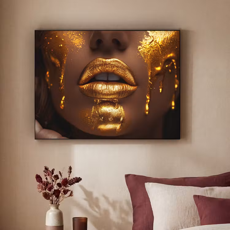 Vrouw - Goud - Gezicht - Verf - Lippen Textielframe zwart klein -sfeer1