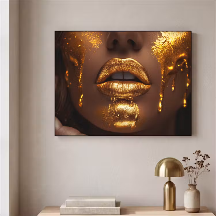 Vrouw - Goud - Gezicht - Verf - Lippen Textielframe zwart klein -sfeer2