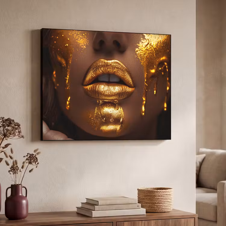 Vrouw - Goud - Gezicht - Verf - Lippen Textielframe zwart klein -sfeer3