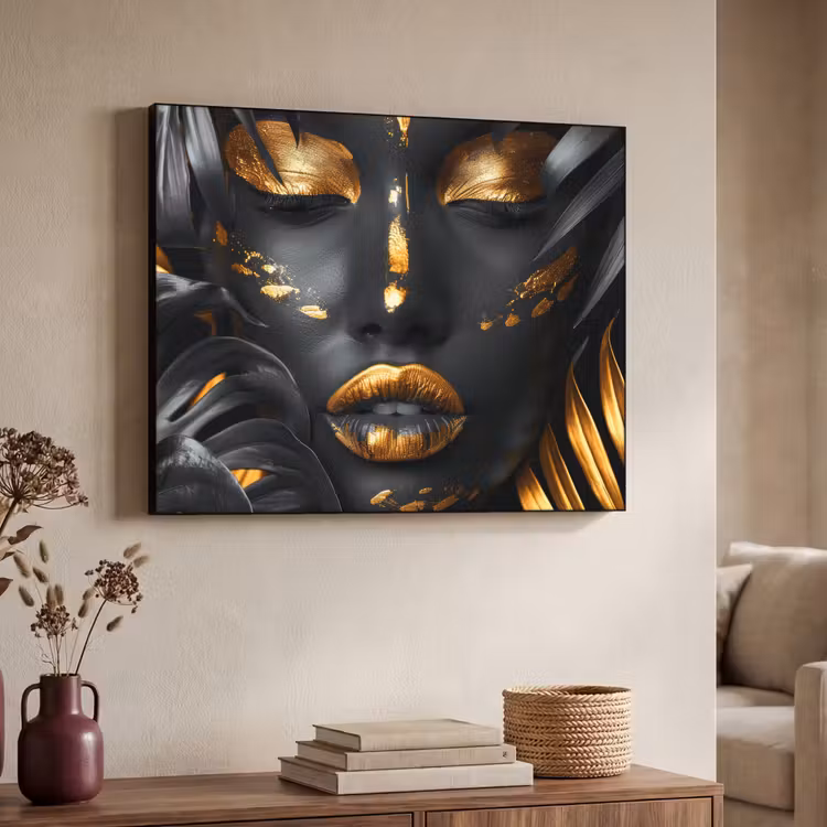 Vrouw - Goud - Natuur - Portret - Modern Textielframe zwart klein -sfeer3
