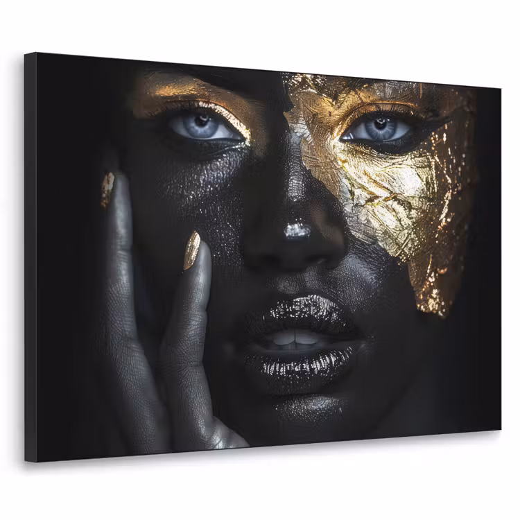 Vrouw - Goud - Portret - Modern - Zwart - Abstract Textielframe zwart klein -3d