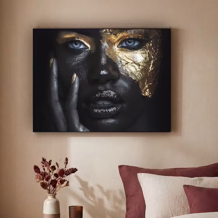 Vrouw - Goud - Portret - Modern - Zwart - Abstract Textielframe zwart klein -sfeer1