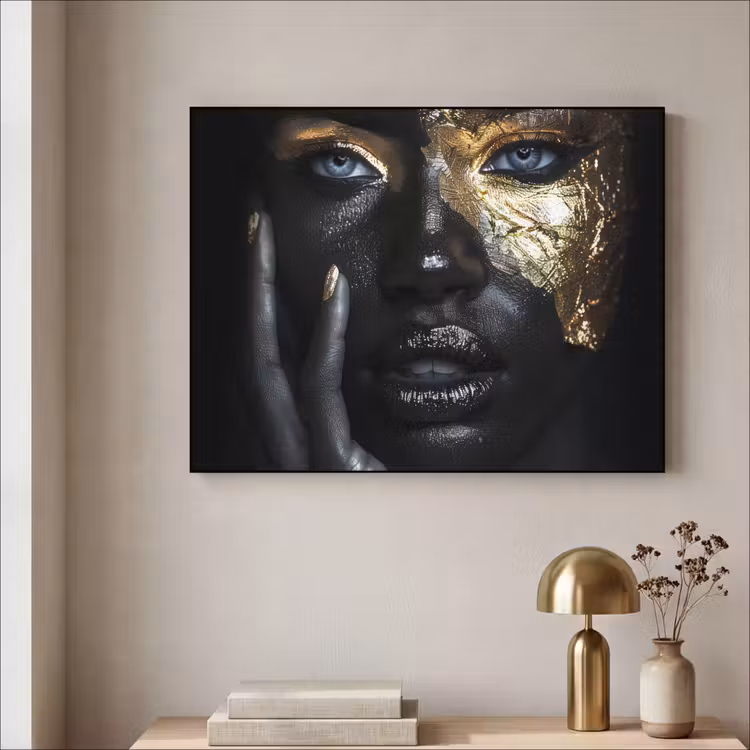 Vrouw - Goud - Portret - Modern - Zwart - Abstract Textielframe zwart klein -sfeer2