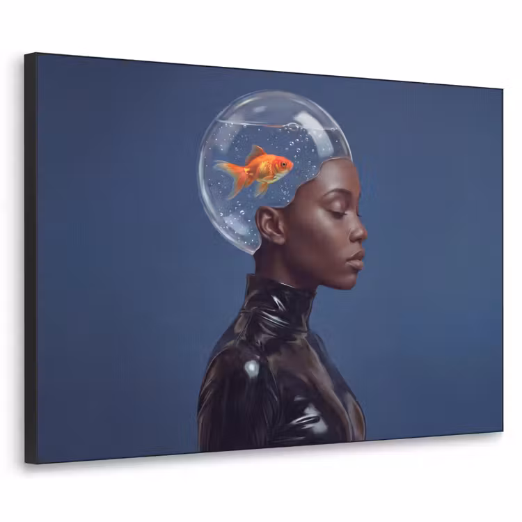 Vrouw - Goudvis - Hoofd - Abstract - Blauw Textielframe zwart klein -3d