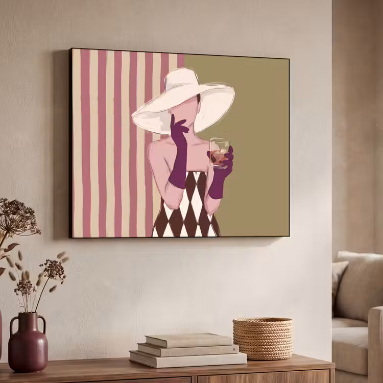 Vrouw - Hoed - Mode - Abstract - Kleurrijk Textielframe zwart klein -sfeer3