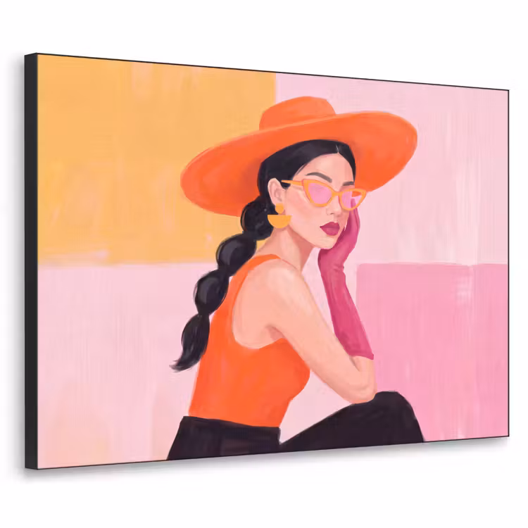 Vrouw - Hoed - Mode - Modern - Oranje Textielframe zwart klein -3d