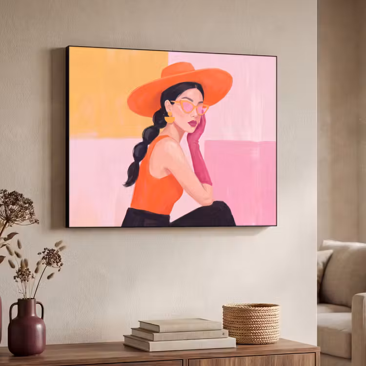 Vrouw - Hoed - Mode - Modern - Oranje Textielframe zwart klein -sfeer3