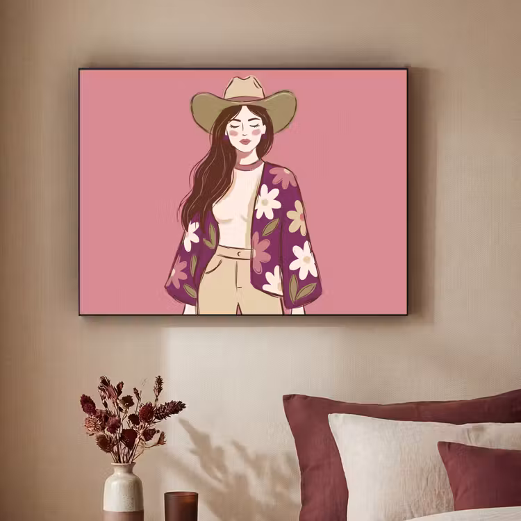 Vrouw - Hoed - Portret - Illustratie - Roze Textielframe zwart klein -sfeer1