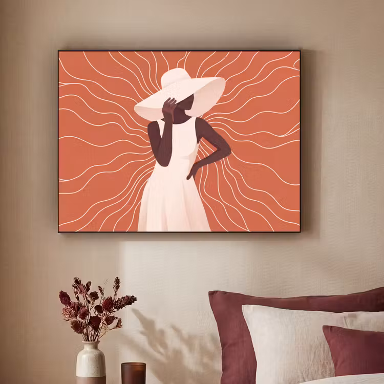 Vrouw - Hoed - Portret - Modern - Beige Textielframe zwart klein -sfeer1