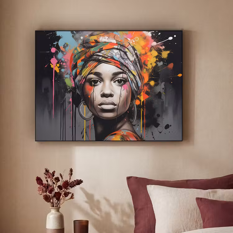 Vrouw - Hoofddoek - Graffiti - Zwart Textielframe zwart klein -sfeer1